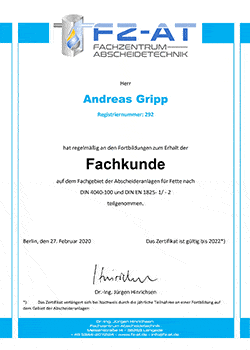 Zertifikat Fettabscheider Berlin Gripp