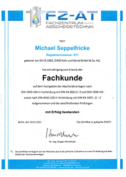 Zertifikat Fettabscheider Mannheim Seppelfricke