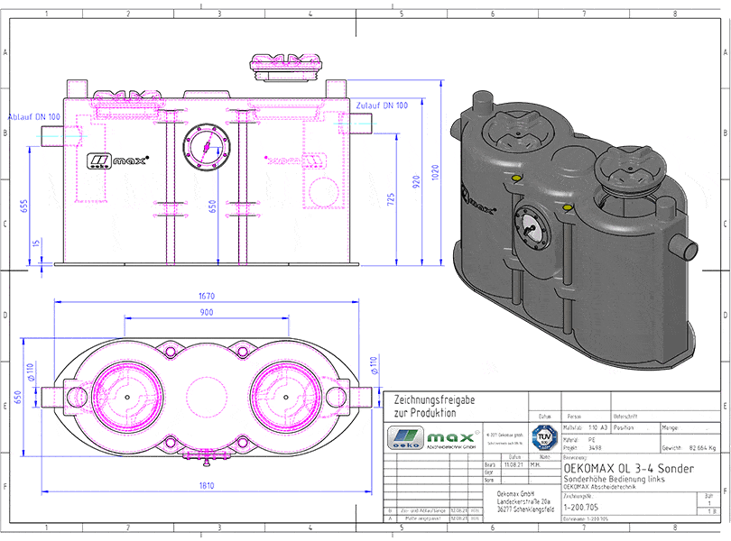 Skizze Fettabscheider Sonderbau Detaillierte Skizze mit Aufbau der Sonderform des Fettabscheiders für die individuelle Lösung im engen Keller