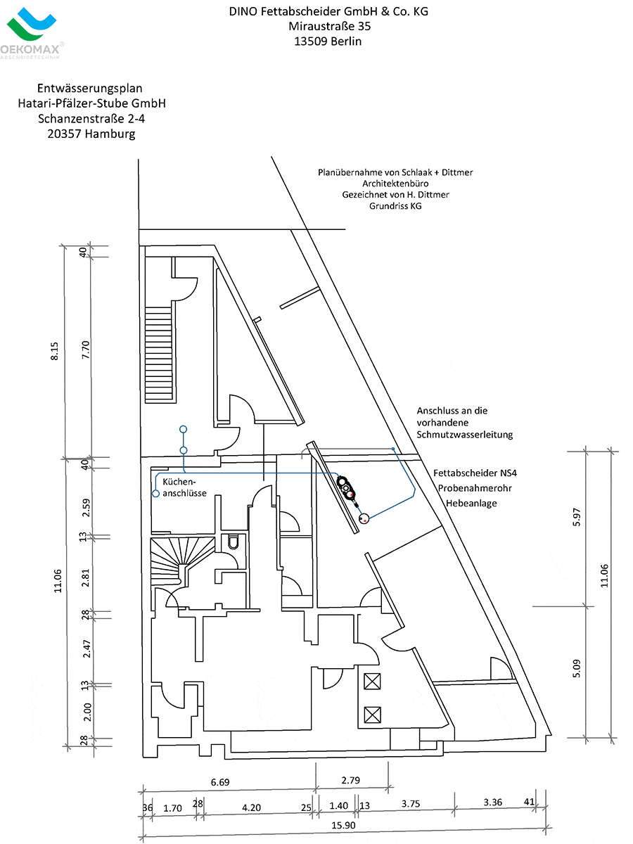 Technischer Entwässerungsplan des Kellergeschosses mit eingezeichnetem Fettabscheider NS4, Hebeanlage, Probenahmerohr und Verlauf der Abwasserleitungen